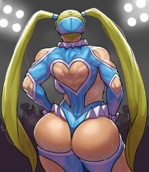 ass audience backboob bad_id bad_pixiv_id blonde_hair breasts clothing_cutout commentary female from_behind hair_pulled_back heart_cutout highres krekk0v krekkov large_breasts leotard long_hair muscular rainbow_mika shoulder_cutout solo stage_lights street_fighter street_fighter_v sweat thighs thong_leotard twintails very_long_hair