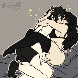 1boy 1boy1girl 1girls andrew_graves arms_behind_head black_hair carrying_another carrying_partner d3athsinn3r fingering hugging julia_(the_coffin_of_andy_and_leyley) kissing legs_around_waist legs_together lying_on_back scars self_harm_scars thigh_socks thighhighs