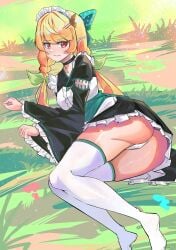 1girls ass ass_focus bare_thighs blonde_hair braid braided_hair butt butt_focus displeased exposed_thighs grass grass_field hair_ribbon hi_res highres laying_down laying_on_side leggings legwear looking_at_viewer looking_back looking_displeasured maid maid_headdress maid_outfit nananyan nijisanji nijisanji_en panties pointy_ears pomu_rainpuff red_eyes ribbons showing_ass solo solo_female solo_focus stockings thigh_squish thighhighs thighs twintails virtual_youtuber white_legwear white_panties white_stockings yellow_hair