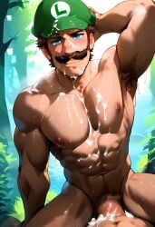 1boy abs ai_generated arm_behind_head armpit armpit_hair biceps blue_eyes brown_hair cum cum_on_chest cum_on_face cum_on_pecs erection facial_hair gay genitals green_hat hat humanoid light-skinned_male light_skin looking_at_viewer luigi male male_nipples male_only mario_(series) moustache muscular muscular_male nintendo nipples nude nude_male outdoors penis pubic_hair smiling smiling_at_viewer solo solo_male sweat sweating