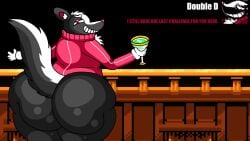 alcohol alcoholic_drink ambiguous_fluids ass balcony black_background clothed clothes dahliathefox double_d_(everhood_2) enormous_ass enormous_butt everhood_2 fat_ass fat_butt furry furry_male furry_only glass glass_cup huge_ass huge_butt hyper_ass hyper_butt looking_at_viewer mammal mammal_humanoid mephitid simple_background skunk smile smiling smiling_at_viewer speech_bubble talking_to_viewer text video_game_character