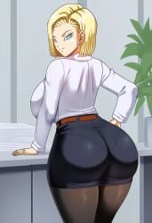 ai_generated android_18 android_18_(pinkpawg) belt big_ass big_breasts blonde_hair desk dragon_ball hand_on_hip looking_at_viewer office pinkpawg pinkpawg(artstyle) short_hair skirt smile thick_thighs