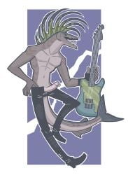 2023 5_fingers abs alternative_fashion anthro athletic athletic_anthro athletic_male biped black_bottomwear black_clothing black_footwear black_pants black_shoes bottomwear clothed clothing colored erection fingers fish footwear genital_piercing genitals glans green_fins grey_body guitar holding_guitar holding_musical_instrument holding_object humanoid_genitalia humanoid_penis lancetfish looking_at_viewer male male_only marine musical_instrument navel open_mouth pants pecs penis penis_piercing piercing plantigrade plucked_string_instrument prince_albert_piercing punk rocker shoes simple_background snarkysardine solo string_instrument tongue tongue_out topless topless_anthro topless_male unzipped unzipped_pants zipper