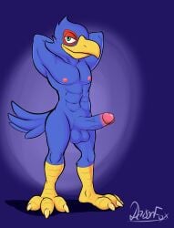 absurd_res anthro athletic avian avian_feet beak daison_the_fox erection falco_lombardi flexing foreskin genitals hi_res humanoid_genitalia humanoid_penis looking_at_viewer male male_only nintendo nipples pecs penis simple_background solo star_fox