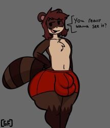 1boy anthro ass ass_bigger_than_head ball_bulge balls big_ass big_balls big_butt brown_hair bubble_butt bulge bulge_through_clothing clothing crema_(ghostfuckrr) curvaceous curvy curvy_figure dat_ass dialogue english_text femboy furry ghostfuckrr girly grey_background hand_on_hip huge_ass huge_balls male male_only mostly_clothed open_mouth shorts tagme tail tanuki text thick_thighs voluptuous voluptuous_male wide_hips