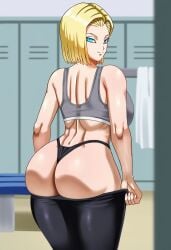 ai_generated android_18 big_ass big_breasts black_thong blonde_hair dragon_ball gym locker_room looking_at_viewer lowered_pants pinkpawg pinkpawg(artstyle) pulling_down_pants short_hair sports_bra thick_thighs thong