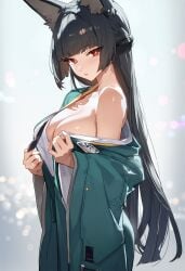 ai_generated animal_ear_fluff animal_ears animal_humanoid black_hair breasts female fox fox_ears fox_girl hoshimi_miyabi large_breasts long_hair red_eyes undressing zenless_zone_zero