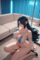 1girl ai_generated azuma_fubuki bare_shoulders bikini black_hair blue_bikini blush breasts cleavage closed_mouth collarbone hair_over_one_eye hi_res high_heels high_quality high_resolution kiraamane large_breasts long_hair looking_at_viewer mato_seihei_no_slave navel patreon ribbon seductive sexy sitting skindentation solo swimsuit thighs umbrella uncensored watermark yellow_eyes