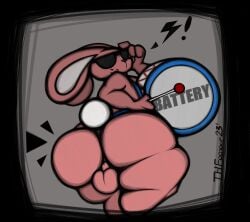 2023 anthro ass backsack balls big_butt black_nose drum drumming energizer energizer_bunny english_description english_text exclamation_point eyewear fur genitals grey_background hi_res holding_eyewear holding_object holding_sunglasses holding_weapon lagomorph leporid long_ears looking_back male mammal mascot musical_instrument nude_anthro nude_male percussion_instrument pillow_shading pink_body pink_fur rabbit rabbit_ears rear_view simple_background small_tail solo standing sunglasses tail text thfooxxir thick_thighs weapon whisker_spots white_tail