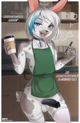 absurd_res anthro apron apron_only balls barista blue_eyes bodily_fluids choker clothing coffee_cup coffee_shop container cum cum_drip cup dialogue dripping english_text erection femboy footwear front_view genital_fluids genitals glans hair hi_res holding_object holding_pen humanoid_genitalia humanoid_penis inside jewelry lagomorph legwear leporid male mammal moito necklace pen penis rabbit socks solo text thigh_highs thigh_socks white_hair