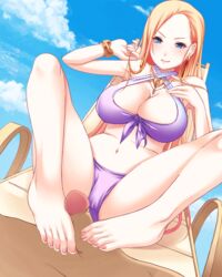 1boy 1girls barefoot big_breasts blonde_hair blue_eyes breasts domination feet female footjob kazama male osawari_island pink_nails toes