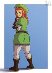 1girls ass ass_focus blue_eyes green_hat green_tunic grey_pants grossyjpeg karane light-skinned_female light_skin orange_hair skyward_sword the_legend_of_zelda