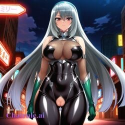 1girl ai_assisted ai_generated armor bare_shoulders black_bodysuit city cityscape clouds cowboy_shot crotchless curvy dark_theme detailed_pussy dynamic_lighting elbow_gloves fishnets futoku_no_guild gloves green_hairband grey_hair hair_between_eyes high_contrast kagami_hirotaka koukawa_oboro looking_at_viewer neon_lights night night_sky outdoors red_eyes soft_shading taimanin_asagi_zero taimanin_suit thigh_gap very_long_hair visible_pussy