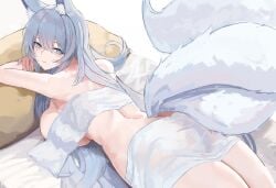 absurdres animal_ear_fluff animal_ears ass azur_lane back bed bed_sheet blue_eyes breast_press breasts butt_crack closed_mouth female fox_ears fox_tail highres huge_breasts long_hair looking_at_viewer lying multiple_tails naked_towel on_bed on_stomach pillow shinano_(azur_lane) sideboob solo suo_bu_ye_feng tail thighs towel very_long_hair white_hair