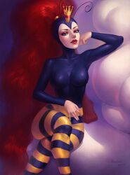 1girls anolea bodysuit clothing crown earthworm_jim_(franchise) female legs_crossed looking_at_viewer princess princess_what's-her-name red_hair solo striped_legwear