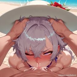 1boy ai_generated azur_lane balecxi beach blush breasts cum_in_mouth cum_in_nose cum_overflow deepthroat earrings fellatio female grey_hair hair_between_eyes irrumatio jewelry long_hair looking_at_viewer one_eye_closed oral outdoors patreon_username penis pov purple_eyes reno_(azur_lane) straight sun_hat