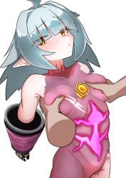 1boy 1girls blush breast_massage duel_masters duel_masters_play's expressionless functionally_nude groping lifted_by_another looking_at_viewer medium_breasts vivi_(duel_masters_play's)