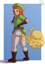 1girls ass ass_focus blue_eyes fart farting green_hat green_tunic grey_pants grossyjpeg karane light-skinned_female light_skin orange_hair skyward_sword the_legend_of_zelda