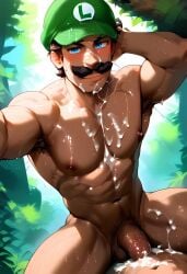 1boy abs ai_generated arm_behind_head armpit_hair armpits biceps blue_eyes brown_hair cum cum_on_chest cum_on_face cum_on_pecs erection facial_hair gay genitals green_hat hat humanoid light-skinned_male light_skin looking_at_viewer luigi male male_nipples male_only mario_(series) moustache muscular muscular_male nintendo nipples nude nude_male outdoors penis pubic_hair solo solo_male sweat sweating