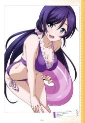 10s absurd_res bikini breasts female female_focus green_eyes highres innertube large_breasts leaning_forward long_hair looking_at_viewer love_live! love_live!_school_idol_festival love_live!_school_idol_project official_art otono_natsu purple_bikini purple_hair scan side-tie_bikini_bottom solo swim_ring swimsuit toujou_nozomi twintails