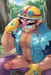 1boy ai_generated bara blooboo chest_hair gloves helmet huge_cock large_penis male male_nipples mario_(series) moustache muscular nintendo partially_clothed penis pubes pubic_hair smile smiling_at_viewer solo solo_male tagme veiny_penis wario wario_(series) warioware