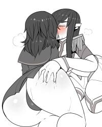 2girls ass ass_grab blush commission epaulettes french_kiss hand_on_own_ass highres incest junketsu kill_la_kill kiryuuin_satsuki kissing kneeling krekkov long_hair matoi_ryuuko monochrome multiple_girls panties senketsu short_hair siblings simple_background sisters skirt spot_color thick_thighs thighs underwear white_background yuri