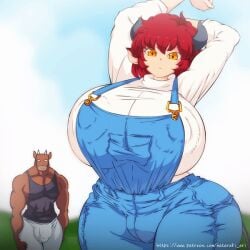 1boy 1girls amber_eyes animated anthro big_breasts big_bulge big_penis big_thighs blue_overalls bouncing_breasts breasts_bigger_than_head bulge bulge_through_clothing cow_girl cow_humanoid cow_tail exposed_breasts gif gigantic_breasts hataraki_ari horns huge_breasts huge_cock huge_thighs japanese_text muscular_anthro nipple_bulge nipple_slip no_shirt overalls overalls_down pussy_visible_through_clothes red_hair shimomo straight stretching_arms wardrobe_malfunction wide_hips