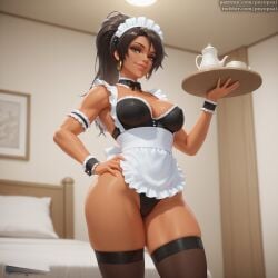 1girls ai_generated alternate_costume artist_name black_hair brown_body colored dark_skin digital_media_(artwork) female female_focus female_only fit_female french_maid_nidalee from_below front_view holding_object league_of_legends legs maid nidalee panties psyopsai riot_games serving_tray short_hair solo solo_focus standing thighs uncensored underwear watermark