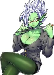 1girls breasts core_person dragon_ball dragon_ball_super female female_zamasu glasses goddess green_skin humanoid pointy_ears rule_63 spiky_hair super_saiyan super_saiyan_rose teacher teba_motoko white_hair zamasu