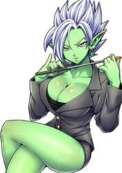 1girls breasts core_person dragon_ball dragon_ball_super female female_zamasu goddess green_skin pointy_ears potara_earrings rule_63 solo spiky_hair super_saiyan super_saiyan_rose tagme teacher teba_motoko white_hair zamasu