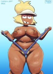 1girls big_breasts blonde_hair carol_kincaid cartoon_network dark-skinned_female dark_skin exposed_breasts mature mature_female milf mother ok_k.o.!_let's_be_heroes one-piece_swimsuit pubic_hair revealing_clothes sling_bikini thick_thighs tool01k wide_hips