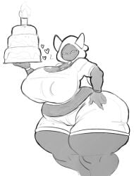 2025 belly birthday birthday_cake bismuth_(gardesnorela) cake candle claws fecharis gardesnorela gift_art glowing_eyes heart hood horn horns large_ass large_breasts large_female milf monochrome robe space_funeral space_funeral:_toothisle_vacation thick_thighs