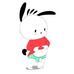 1:1 absurd_res anthro blush bulge canid canine canis clothed clothing clothing_lift domestic_dog foreskin genitals hello_kitty_(series) hi_res male mammal navel penis penis_poking_out penis_through_fly pochacco presenting presenting_penis sanrio shirt shirt_lift slightly_chubby solo topwear twerpishimp underwear