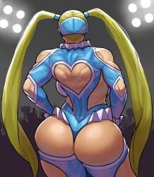 ass audience backboob blonde_hair breasts clothing_cutout commentary english_commentary female from_behind hair_pulled_back heart_cutout highres krekk0v krekkov large_breasts leotard long_hair muscular rainbow_mika shoulder_cutout solo stage_lights street_fighter street_fighter_v thighs thong_leotard twintails variant_set very_long_hair