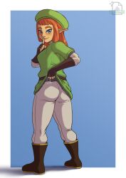 1girls ass ass_focus blue_eyes green_hat green_tunic grey_pants grossyjpeg karane light-skinned_female light_skin orange_hair skyward_sword the_legend_of_zelda