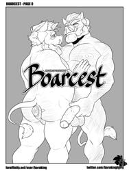 2boys age_difference anthro baraking beard björn boar comic cover dialogue english_text facial_hair father father_and_son gay incest male male_only mammal muscular nipples parent penis porcine scar son text tongue tongue_out tusks uncut yaoi