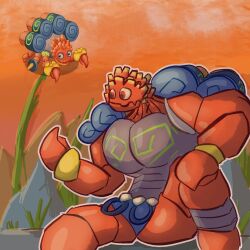 1boy amber_island anthro anthro_on_anthro armor bandaged_leg bara biceps buff crab crustacean drum drummidary drums male male_only marine muscular muscular_anthro muscular_male muscular_male_only my_singing_monsters my_singing_monsters:_dawn_of_fire orange_body orange_skin orange_sky pecs pose sexy stone_armor thong zacharoo0731_(artist)