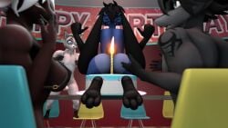 3d_(artwork) absurd_res anthro aroused ass balls big_butt birthday birthday_cake birthday_party bottomless bovid cake candle candle_in_ass canid canine canis caprine clothed clothing cocky confident cutlery dessert digital_media_(artwork) disgust domi_(domibun) erect_nipples feet female food foot_fetish fork fox frost_(domibun) furchev genitals gesture goat group hand_gesture hi_res huge_filesize kitchen_utensils knife kole_(domibun) laugh leo_(atoastedorange) male mammal nipples nude partially_clothed paws penis pointing pointing_at_self proud shirtless sitting_on_cake source_filmmaker_(artwork) surprised_expression tools wolf