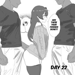 3boys absurdres anal anal_object_insertion aran_sweater arched_back ass bare_shoulders black_shirt blush bottomless bulge bulge_to_ass butt_plug cable_knit clothes_tug constricted_pupils crossdressing dark-skinned_male dark_skin greyscale head_out_of_frame height_difference highres kanoji_(ni_kanojo) long_hair long_sleeves male_focus monochrome multiple_boys naked_sweater nervous_smile object_insertion one_side_up original otoko_no_ko pants ribbed_sweater sex_toy shirt skindentation sleeves_past_fingers sleeves_past_wrists smile smirk speech_bubble sweater sweater_tug t-shirt v_arms white_background white_pants x-ray yaoi