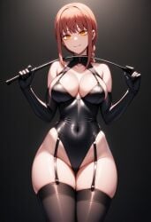 ai_generated belly_button belly_button_visible_through_clothing black_background black_choker black_clothing black_corset black_gloves braided_ponytail chainsaw_man choker cleavage corset elbow_gloves female female_focus female_only garter_straps large_breasts looking_at_viewer makima_(chainsaw_man) nai_diffusion narrow_waist red_hair riding_crop rubycks shiny_skin sideboob smile solo solo_female solo_focus thick_thighs wide_hips yellow_eyes