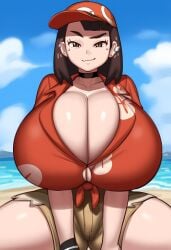 ai_generated ass big_breasts breasts brown_hair bursting_breasts cap grey_impact_(style) hat hawaiian_shirt huge_breasts khaki_pants khakis lubbasdump massive_breasts milf nerina_(lubbasdump) nintendo older_female pokemon pokemon_trainer trainer tropical_shirt