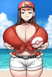 ai_generated arms_up ass big_ass big_breasts breasts brown_hair bursting_breasts cap grabbing_breasts grabbing_own_breast grey_impact_(style) hat hawaiian_shirt holding_breast huge_breasts khaki_pants khakis lubbasdump massive_breasts massive_hips milf nerina_(lubbasdump) nintendo older_female pokemon pokemon_trainer standing thick_ass thick_thighs trainer tropical_shirt wide_hips