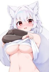 animal_ear_fluff animal_ears bare_shoulders blush breasts clothes_lift female inubashiri_momiji large_breasts lifting_own_clothes looking_at_viewer navel open_mouth red_eyes rururiaru shirt shirt_lift short_hair simple_background solo stomach tail touhou underboob upper_body white_background white_hair white_shirt wolf_ears wolf_girl wolf_tail