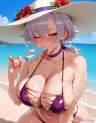 ai_generated azur_lane balecxi bare_shoulders beach blush cleavage collarbone day earrings female flower food hair_between_eyes jewelry large_breasts looking_at_viewer melting navel ocean one_eye_closed outdoors popsicle purple_bikini purple_choker purple_eyes reno_(azur_lane) sexually_suggestive skindentation sky solo sun_hat sweat swimsuit