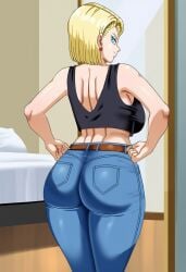 ai_generated android_18 bed bedroom belt big_ass big_breasts black_tank_top blonde_hair bwcb4at dragon_ball earring jeans looking_at_viewer looking_over_shoulder pinkpawg pinkpawg(artstyle) pulling_up_pants smirk tank_top thick_thighs tight_clothing tight_jeans