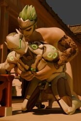 2boys anal anal_sex cyborg doggy doggy_style frozenbound genji glowing_penis green_hair hugging hugging_from_behind human male male/male male_only male_penetrating_male overwatch penis precum precum_drip selfcest whispering_in_ear whispering_into_ear young_genji