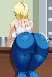 1girls ai_generated android_18 bent_over big_ass big_breasts blonde_hair cameltoe dragon_ball jeans kitchen pinkpawg tank_top thick_thighs wiggle_lines