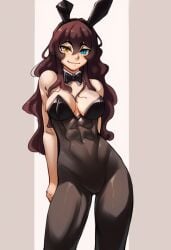 abs ai_generated blush bunny_ears bunnysuit cleavage clothed hips hismajestyii large_breasts looking_at_viewer novelai original playboy_bunny seiko_tanaka_(hismajestyii) smile smug smug_face smug_smile thighs toned toned_female wide_hips