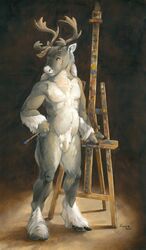 2015 abstract_background anthro antlers brush cervine cloven_hooves full-length_portrait fur grey_fur hand_on_hip hooved_fingers hooves horn inside looking_away male male_only mammal nude portrait pose scale_(artist) solo white_fur