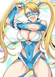 blonde_hair blue_eyes blue_leotard breasts cleavage clothing_cutout commentary_request covered_navel english_text female hair_pulled_back happy_birthday highres large_breasts leotard long_hair looking_at_viewer mask muscular open_mouth rainbow_mika shoulder_cutout smile solo street_fighter street_fighter_zero_(series) tsurui twintails wrestling_outfit